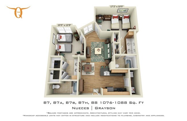 2 bedroom 2 bathroom Double occupancy-B7B Shared floor plan